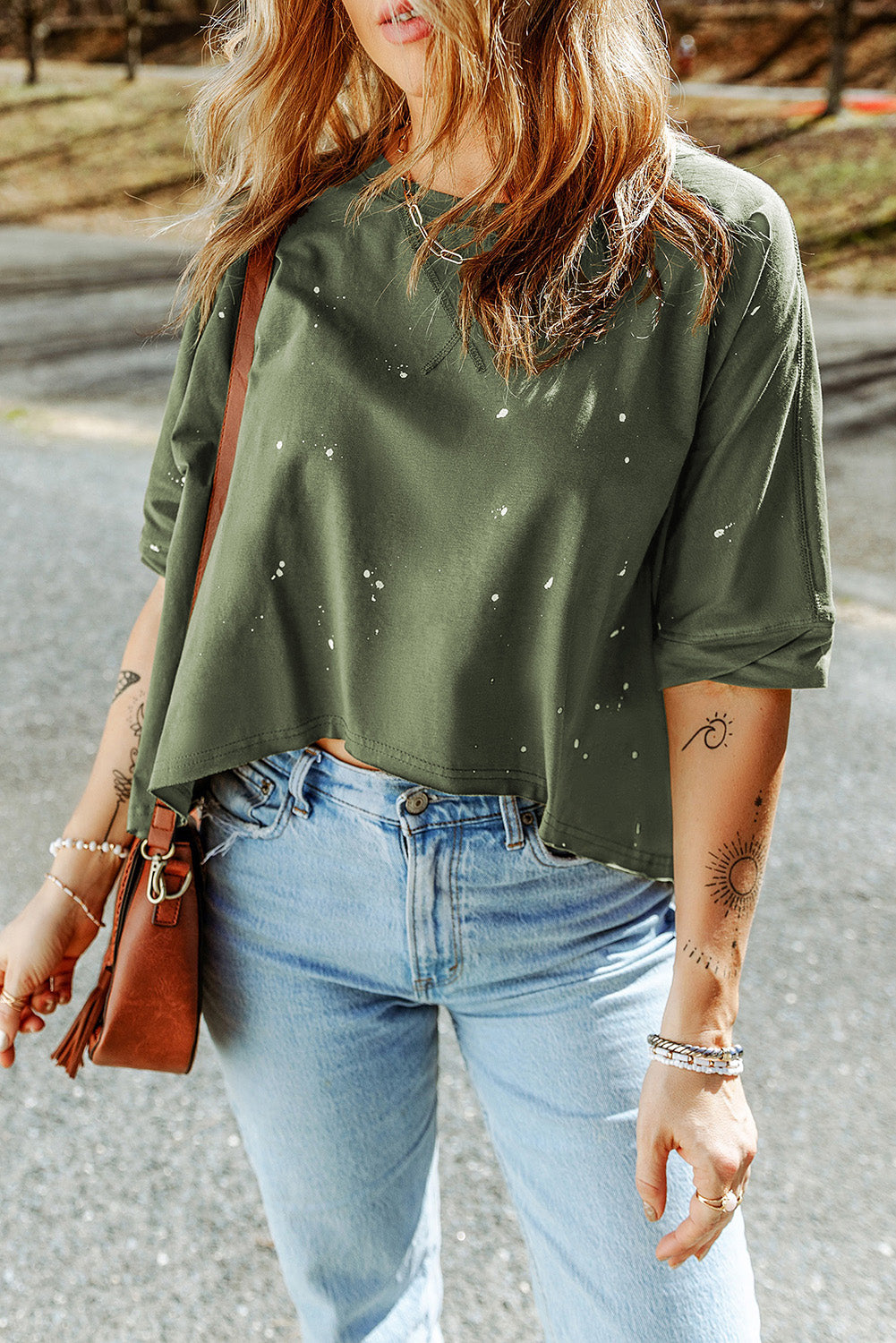 Distressed Bleached Asymmetric Hem Short Sleeve Top | Green