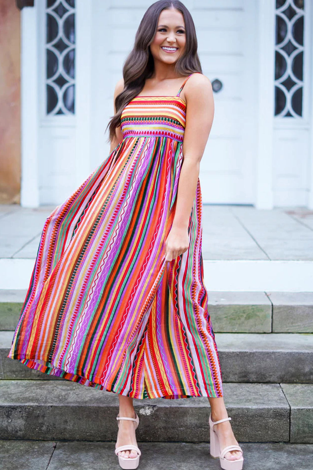 Striped Thin Straps Smocked Back Boho Maxi Dress | Multicolour