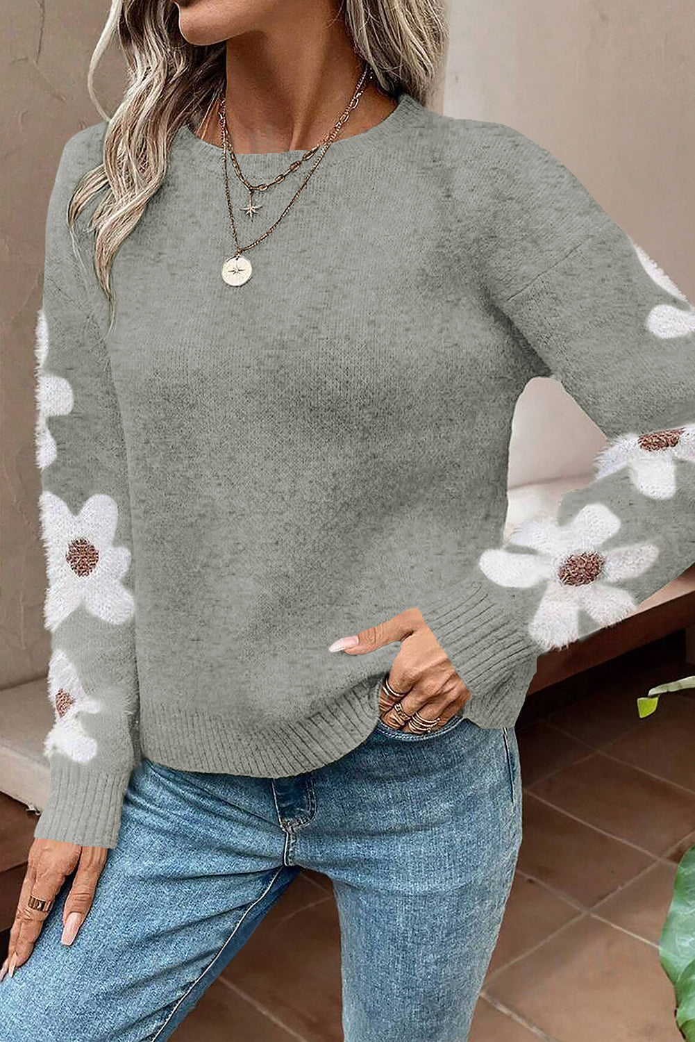 Flower Sleeve Drop Shoulder Sweater | Light Grey