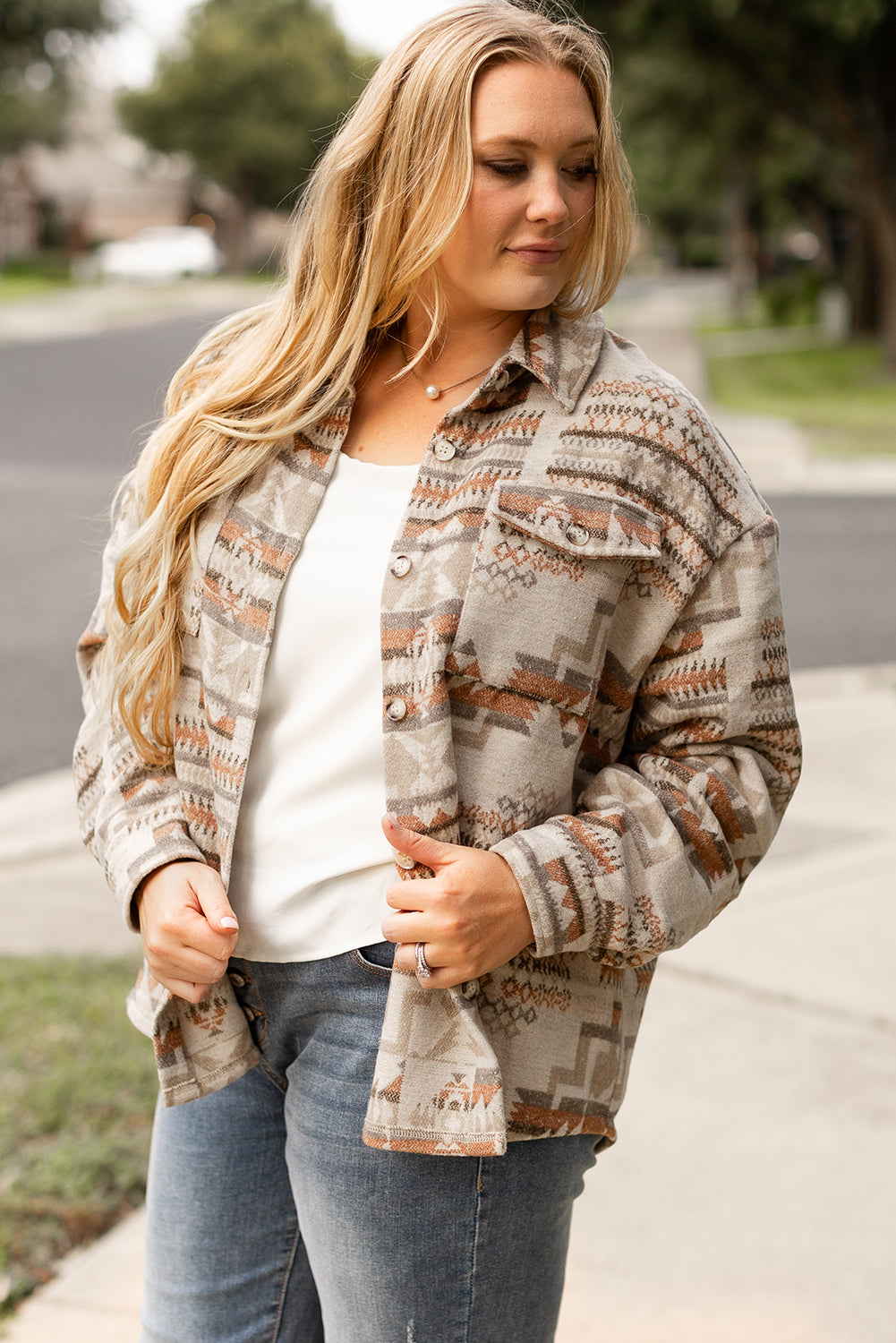 Aztec Geometric Print Pockets Plus Size Jacket | White