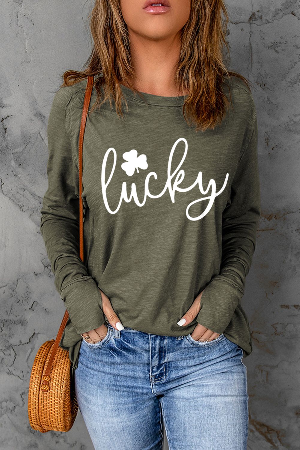 Green Lucky Clover Graphic Print Long Sleeve Tunic Top