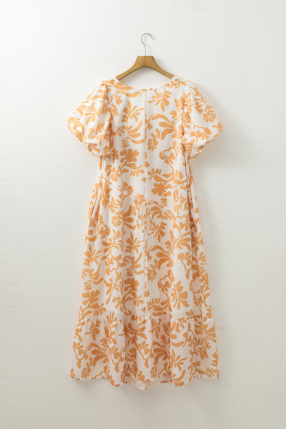 Floral Print Puff Short Sleeve Resort Plus Size Maxi Dress | Apricot