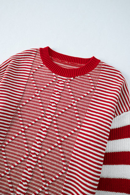 Geometric Textured Drop Shoulder Sweater | Red Stripe