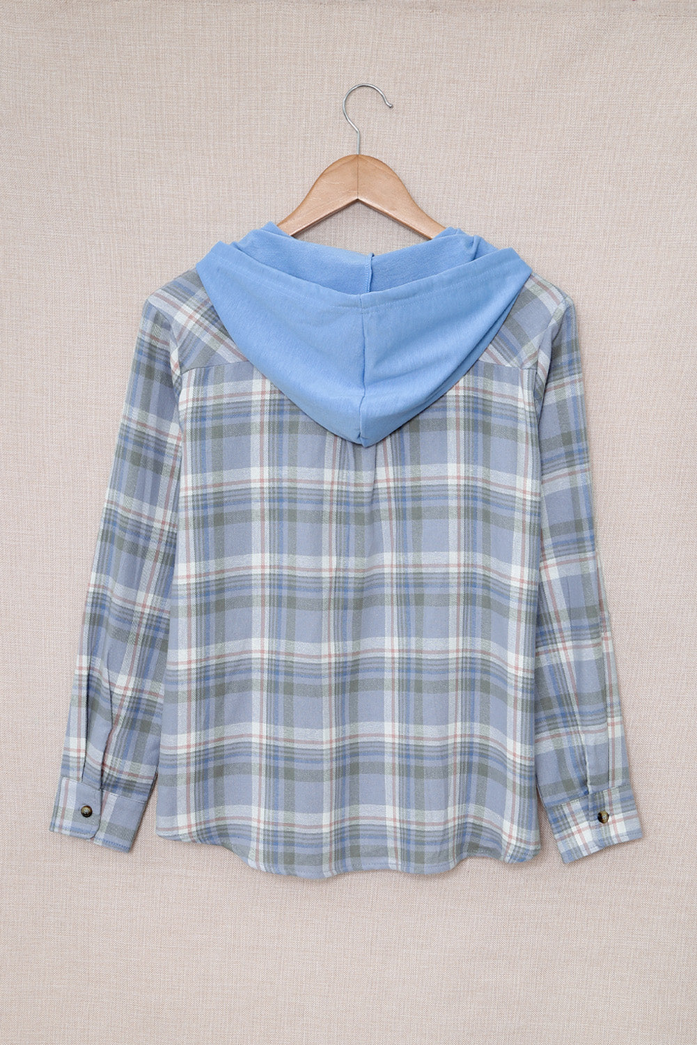 Plaid Print Pocket Drawstring Hooded Jacket | Sky Blue