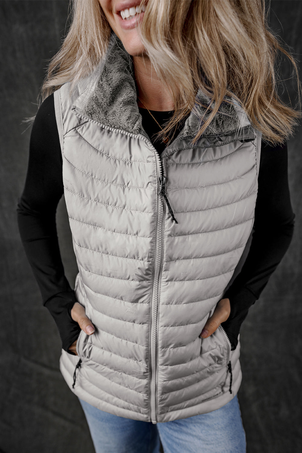 Plush Collared Quilted Zipped Puffer Vest | Silvery