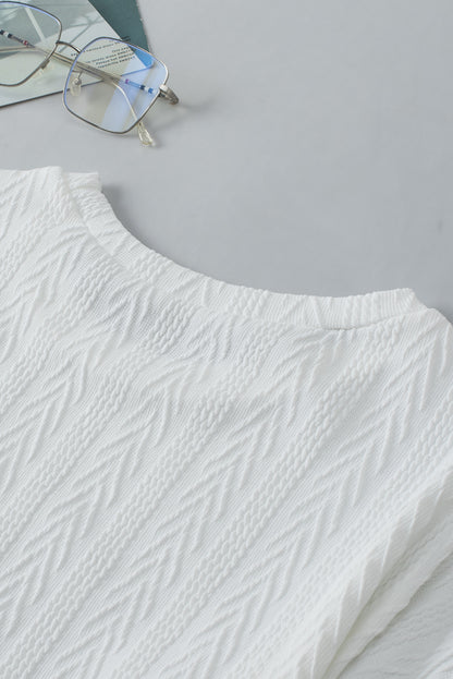 Round Neck Drop Shoulder Textured Knit Top | White