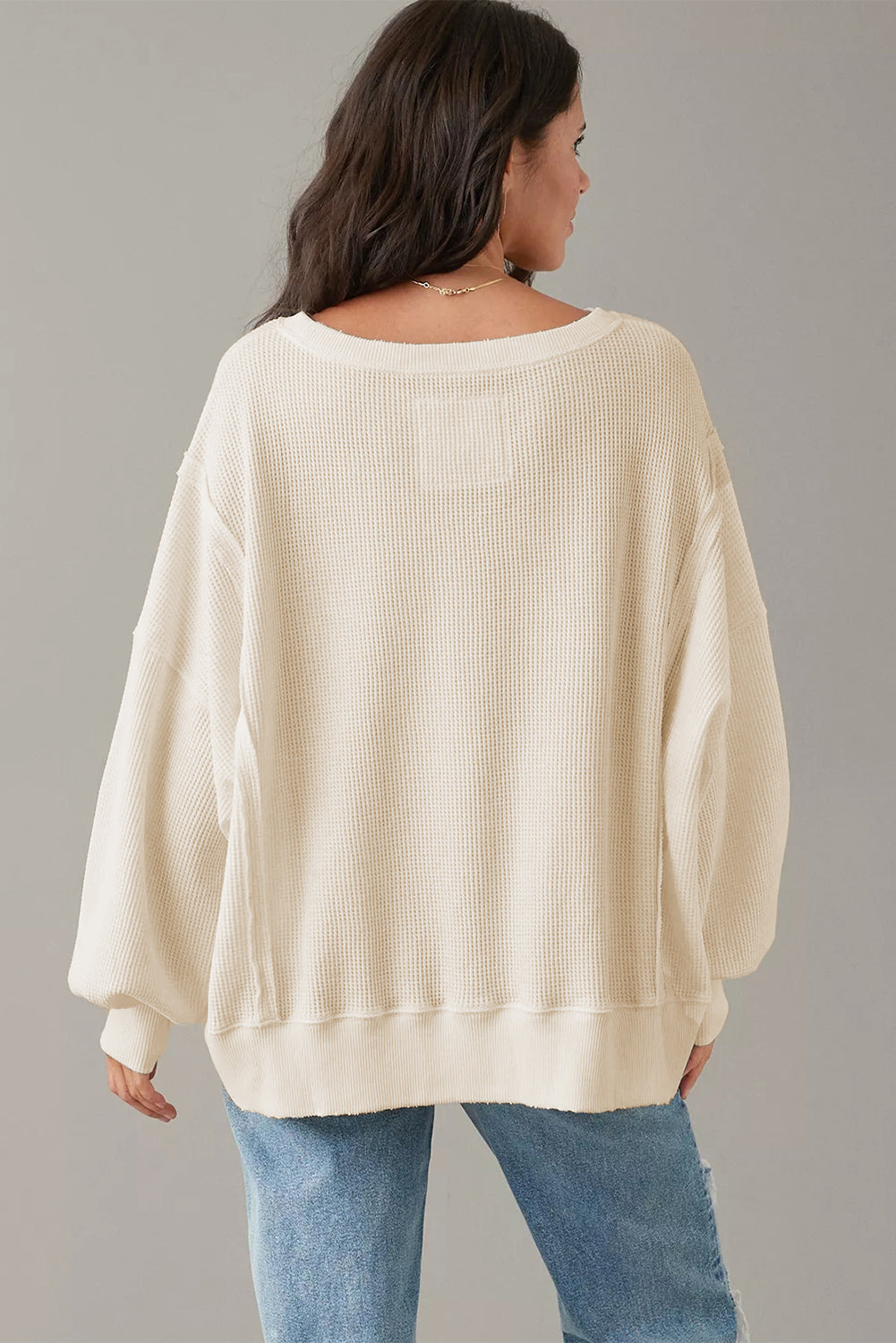 Waffle Knit Bishop Sleeve Split Oversized Top | White