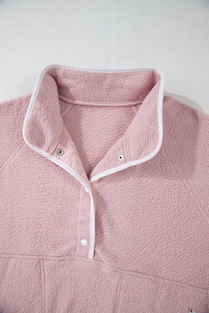 Stand Neck Half Button Zip Pocket Plush Sweatshirt | Fushia