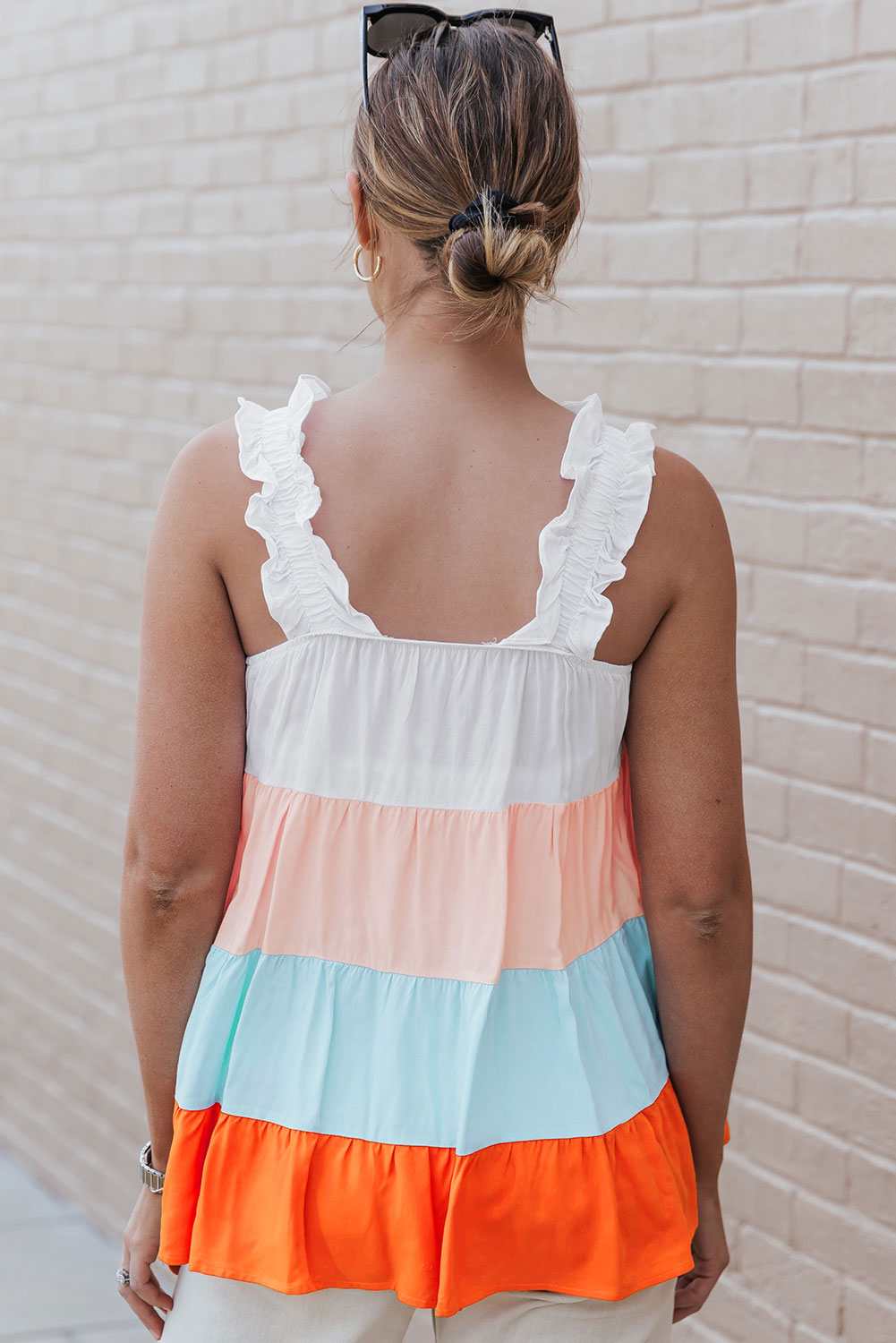 Frill Straps Colour Block Tiered Tank Top | White