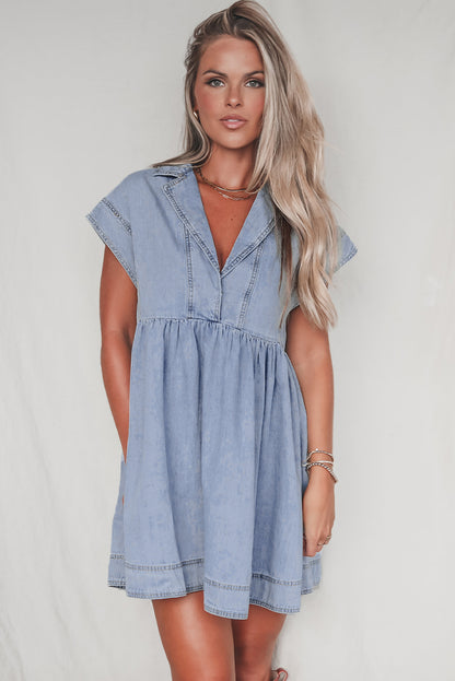 Lapel Neck Cap Sleeve High Waist Denim Babydoll Dress | Beau Blue