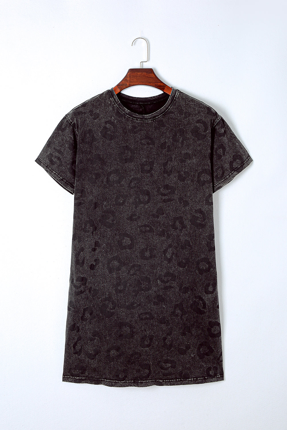 Vintage Washed Leopard T-Shirt Dress With Pockets | Gray