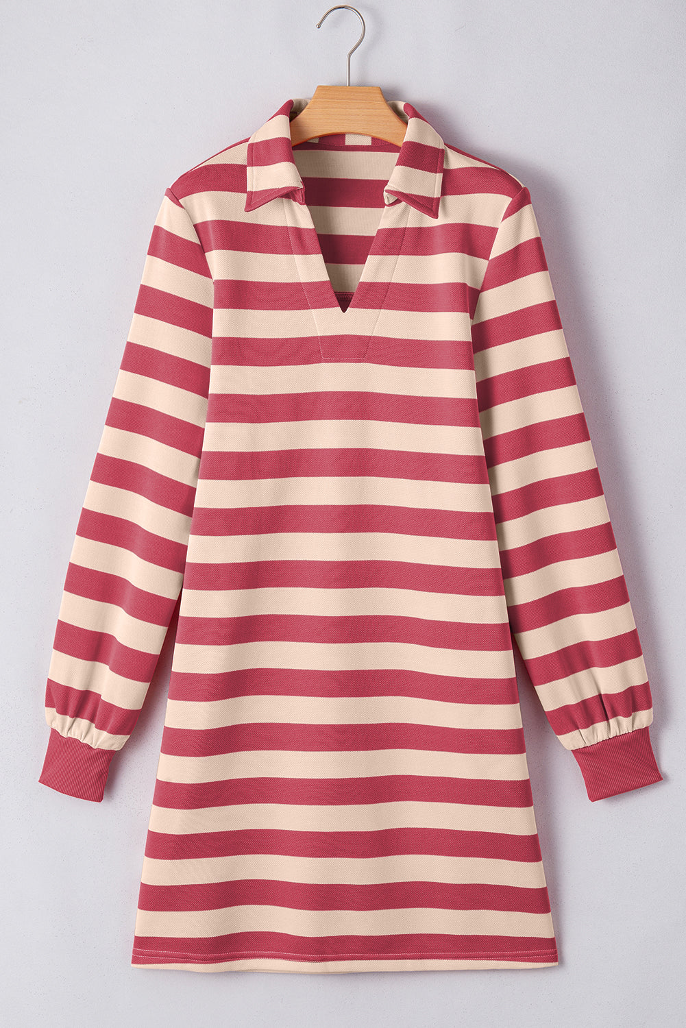 Collared V Neck Long Sleeve Loose Casual Dress | Pink Stripe