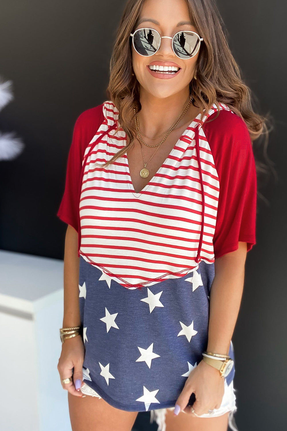 Stars And Stripes Print Drawstring Hooded T Shirt | Fiery Red