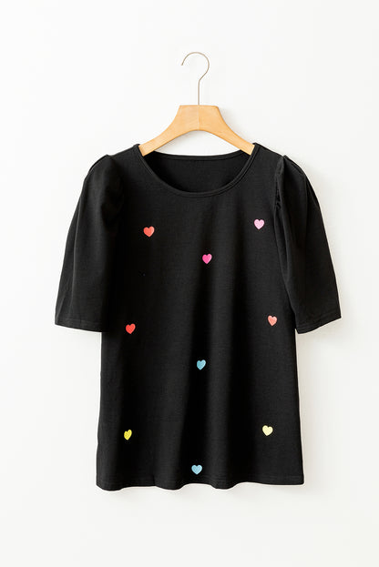 Heart Shape Print Short Puff Sleeve Top | Pink