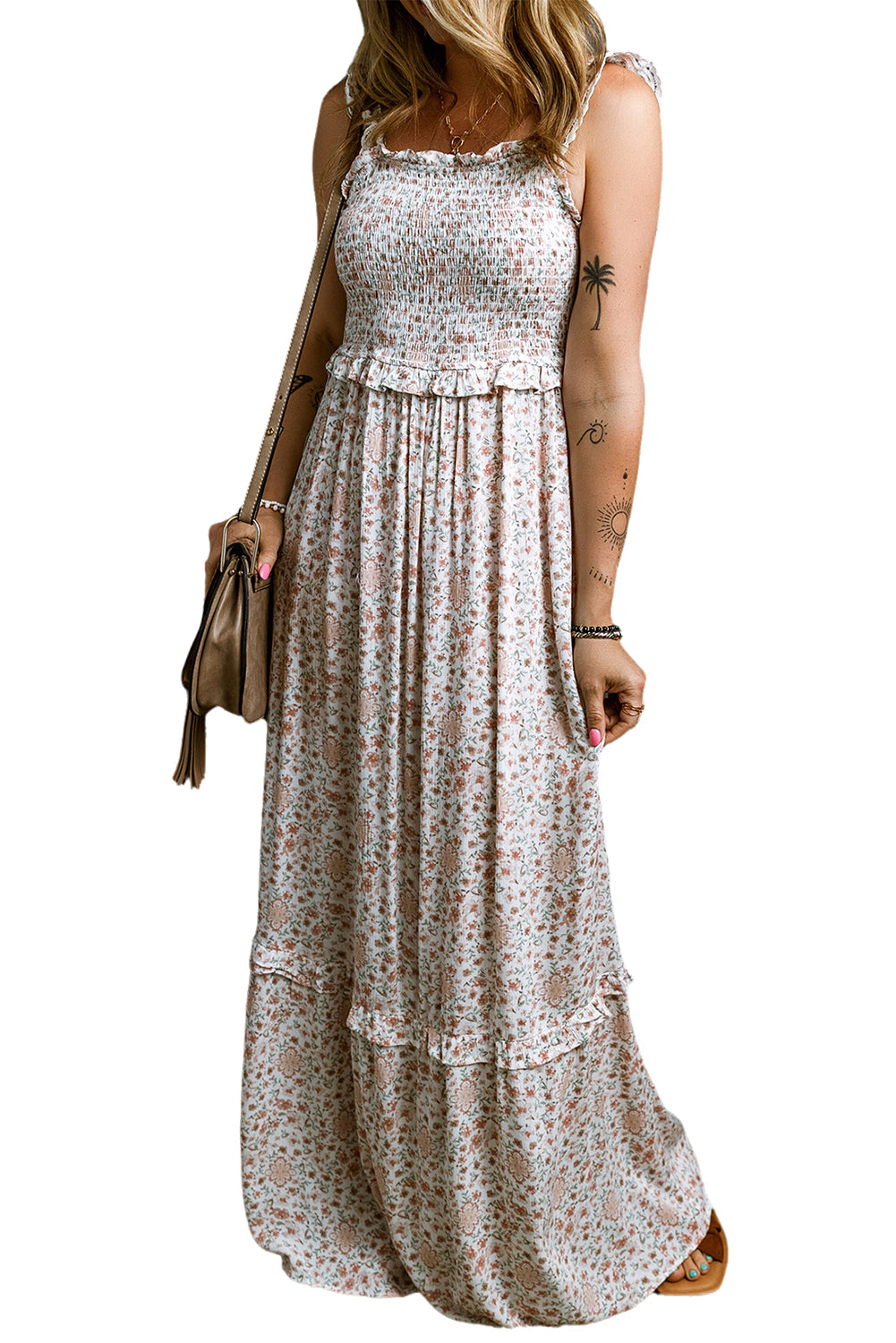 Lace Frilly Straps Shirred Floral Maxi Dress | White