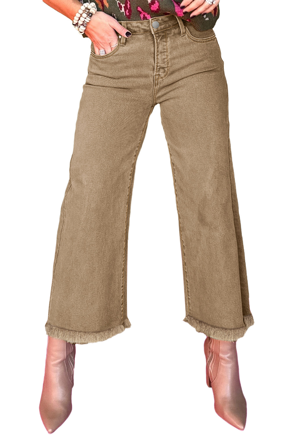 Acid Washed High Rise Cropped Wide Leg Jeans | Light French Beige