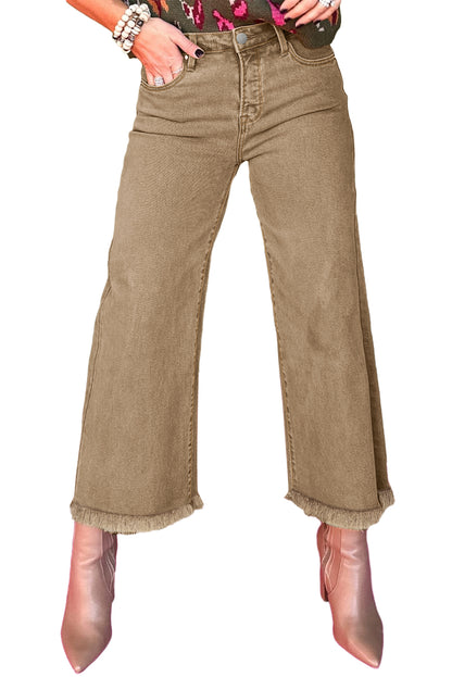 Acid Washed High Rise Cropped Wide Leg Jeans | Light French Beige