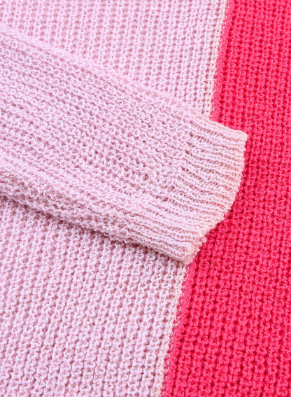 Long Sleeve V-Neck Colourblock Sweater | Pink