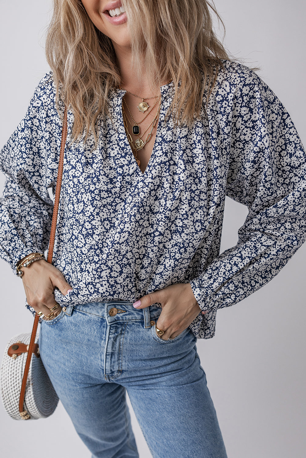 Floral Print Notched V Neck Puff Sleeve Blouse | Blue