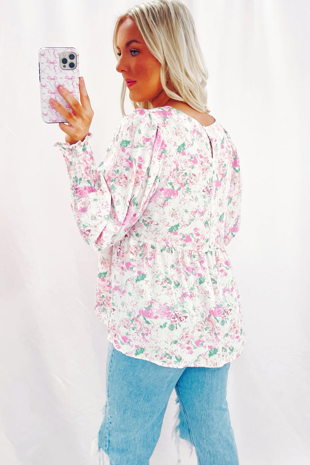 Floral Print Shirred Balloon Sleeve Keyhole Back Babydoll Blouse | Pink