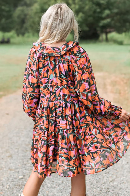 Floral Smocked Bishop Sleeve Tassel Mini Dress | Red