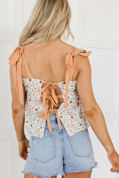 Tied Shoulder Floral Print Babydoll Tank | White