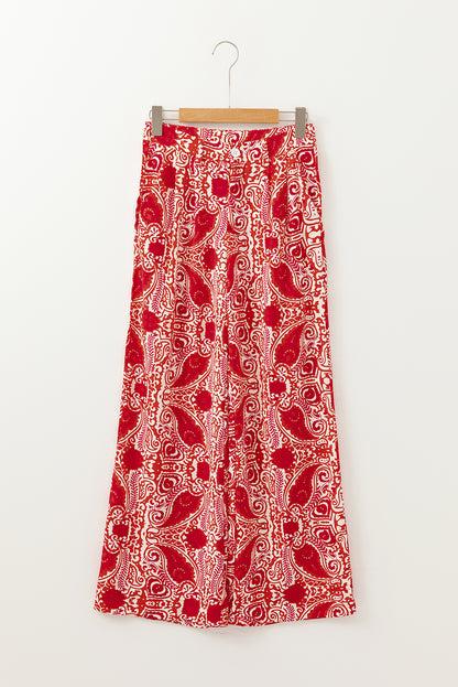 Paisley Printed Buttoned High Waist Straight Leg Pants | Red