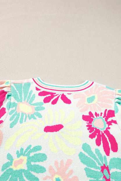 Floral Print V Neck Short Sleeve Sweater | Multicolour