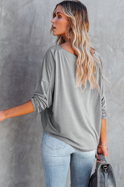 Loose Fit Wide Neck Batwing Sleeves Top | Gray