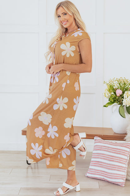 Floral Print Sleeveless Button Up Wide Leg Loose Jumpsuit | Khaki