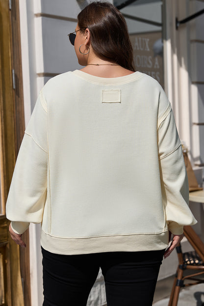 Solid Colour Waffle Knit Drop Shoulder Plus Size Sweatshirt | White