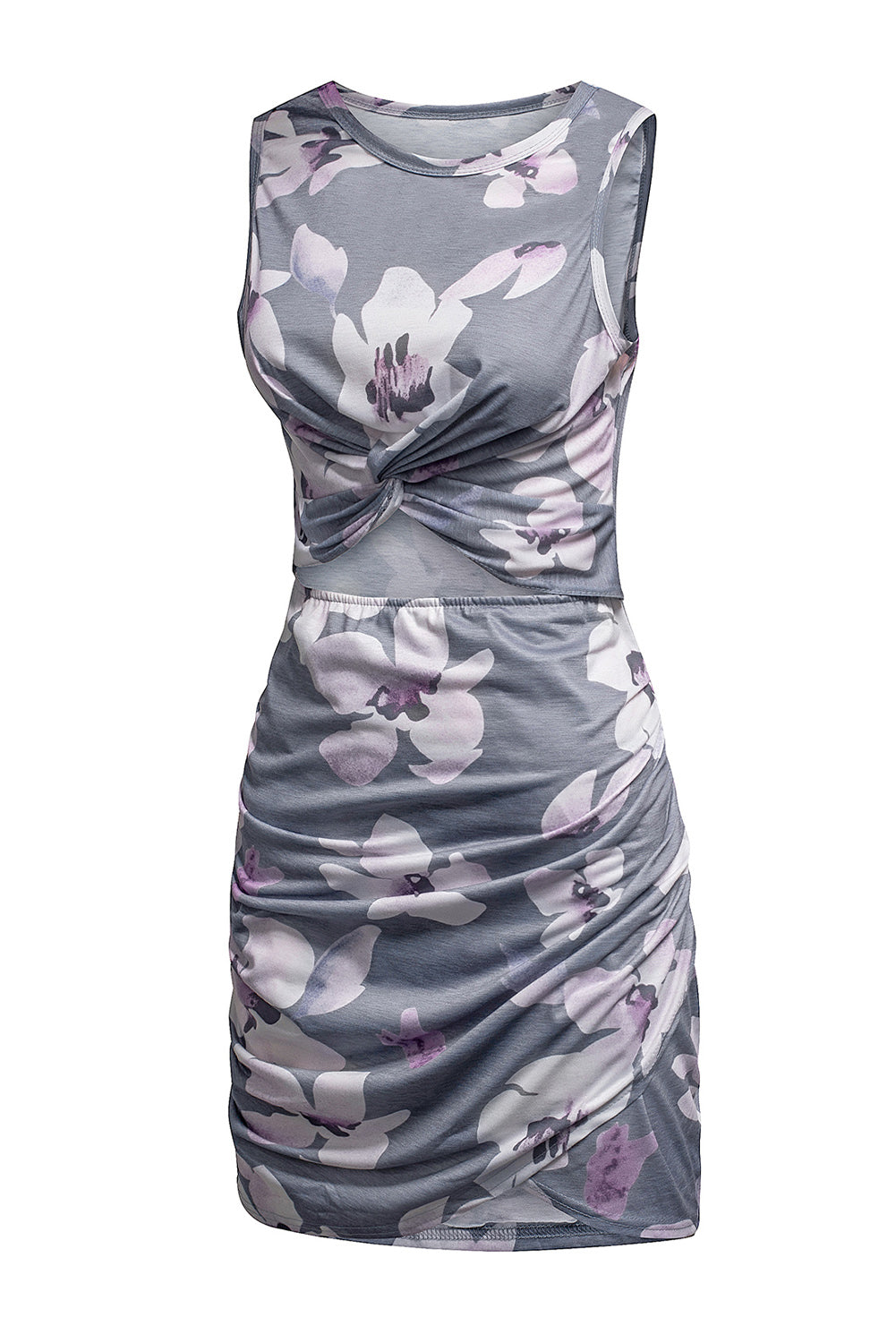 Floral Print Hollow Out Wrap Tie Mini Dress | Gray