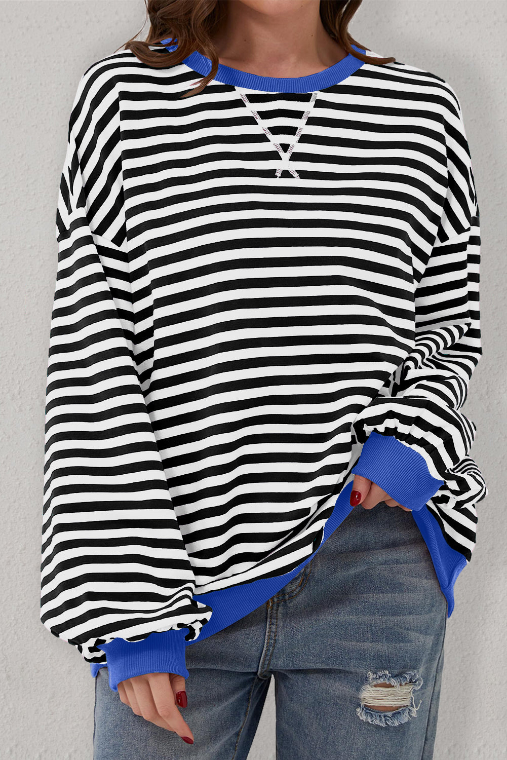 Oversized Contrast Trim Pullover Sweatshirt | Black Stripe