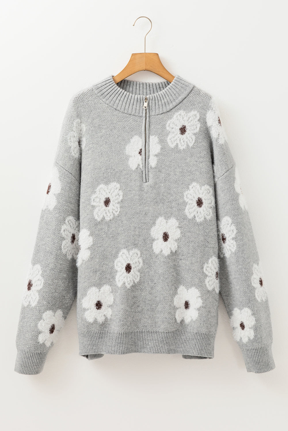 Plus Size Embroidered Floral Pattern Half Zip Sweater | Gray