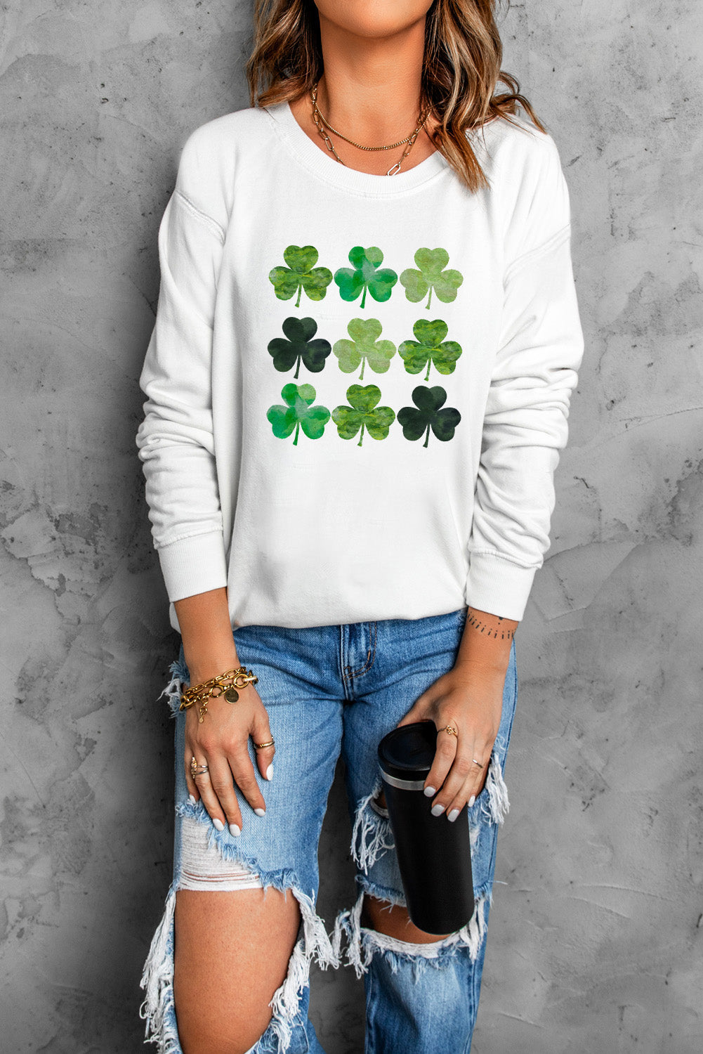 St. Patrick'S Day Clover Print Long Sleeve Sweatshirt | White