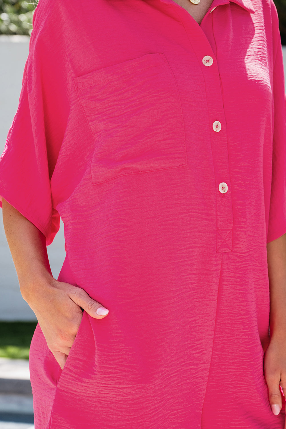 Half Button Collared Loose Romper | Bright Pink