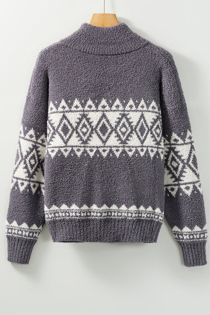 Western Geometric Printed Quarter Zip Pullover Sweater | Gray