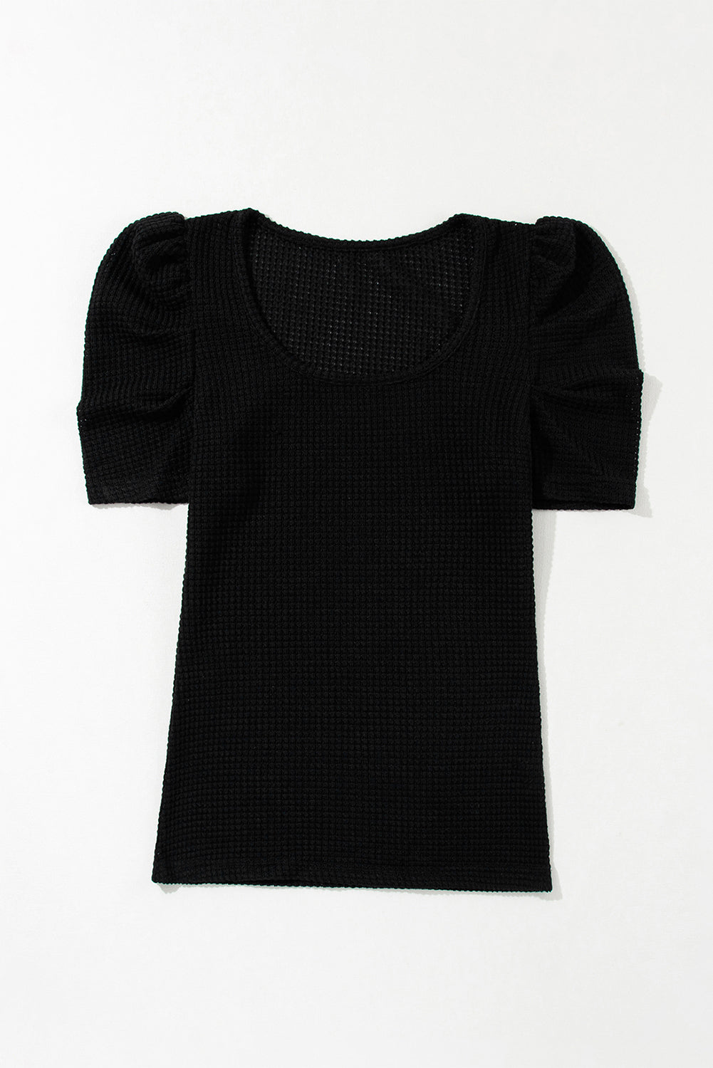 Waffle Knit Ruched Puff Sleeve Top | Black