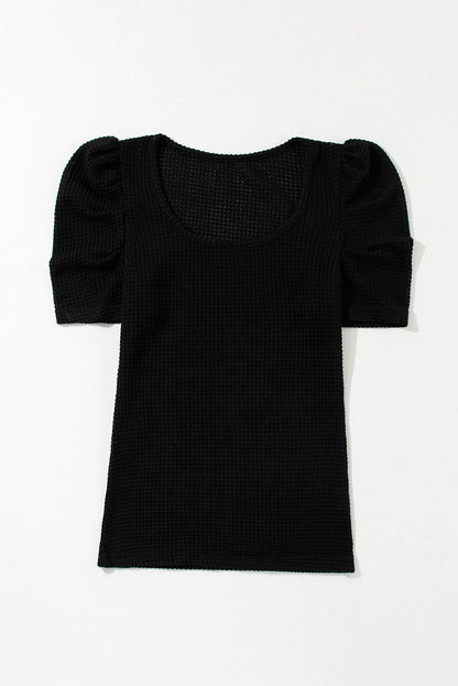 Waffle Knit Ruched Puff Sleeve Top | Black