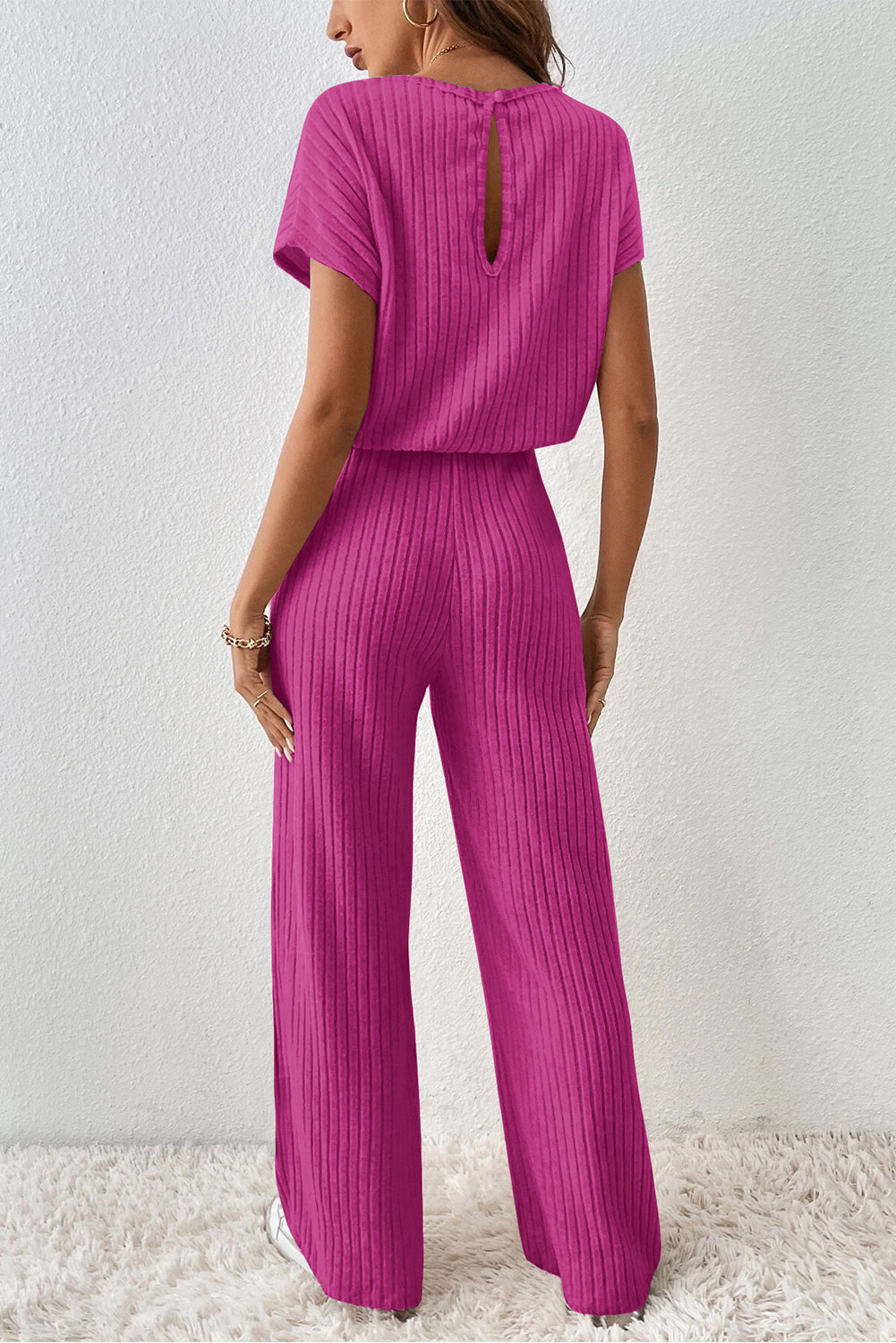 Solid Colour Ribbed Short Sleeve Wide Leg Jumpsuit | Rose Red