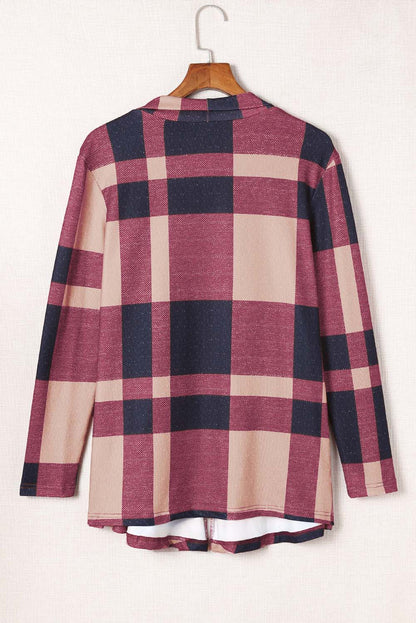 Draped Open Front Plaid Cardigan | Red