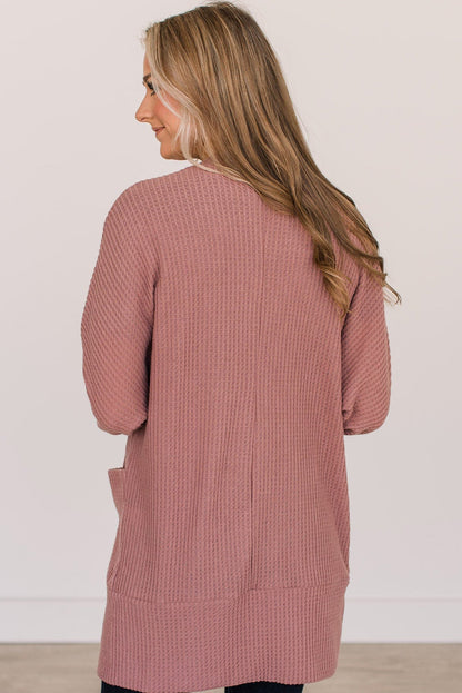 Solid Colour Waffle Knit Cardigan With Pocket | Mineral Red