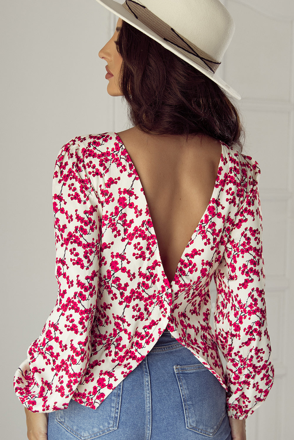 Floral Print Long Sleeve Open Back Blouse | Red