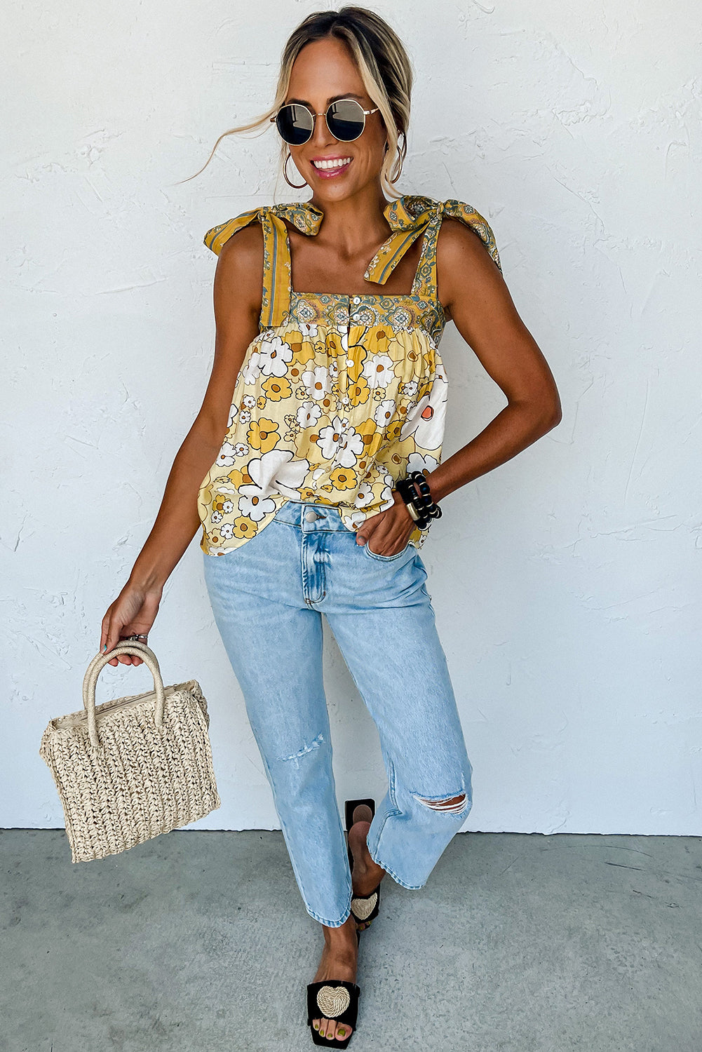 Floral Patchwork Tied Straps Buttoned Tank Top | Yellow