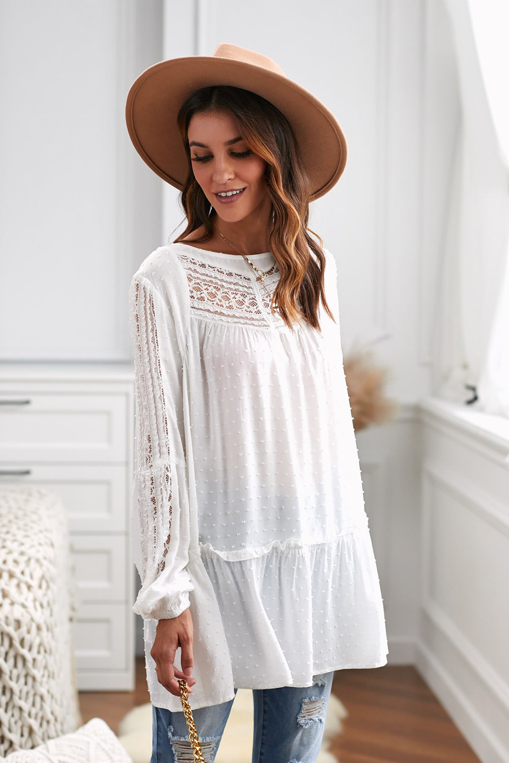 French Fling Lace Tunic Top | White