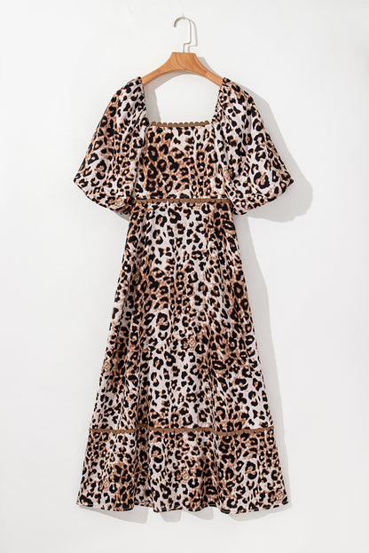 Leopard Print Bubble Sleeve Square Neck Maxi Dress | Brown