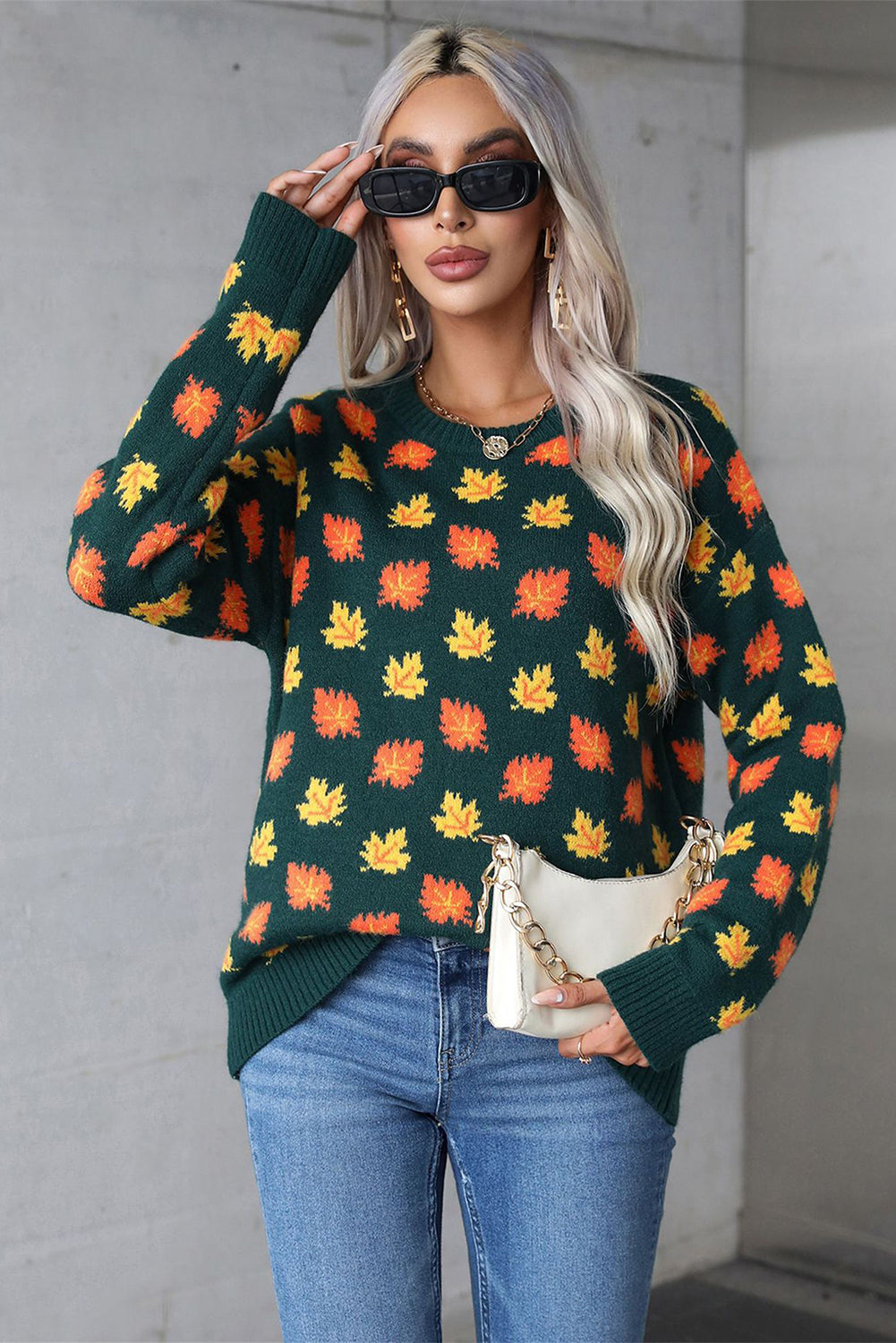 Fall Leaves Pattern Crew Neck Sweater | Blackish Green