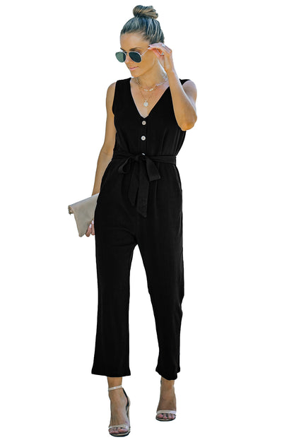 V Neck Button Belted Jumpsuit With Pockets | Black