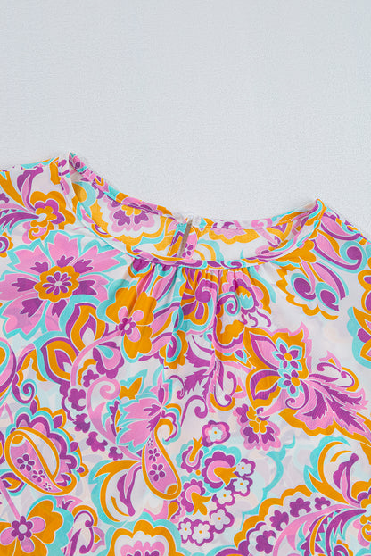 Boho Paisley Printed Peasant Sleeve Blouse | Purple