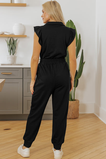 Zipper Flutter Sleeve Drawstring High Waist Jumpsuit | Black